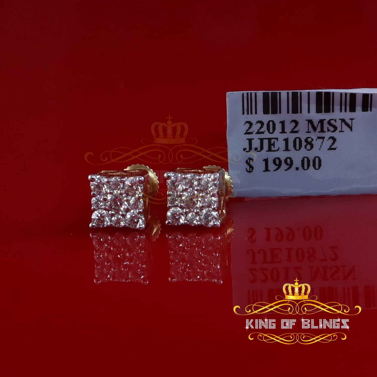 King of Bling's 1.00ct Square Earrings For Mens & Womens Moissanite 925 Sterling Silver Yellow