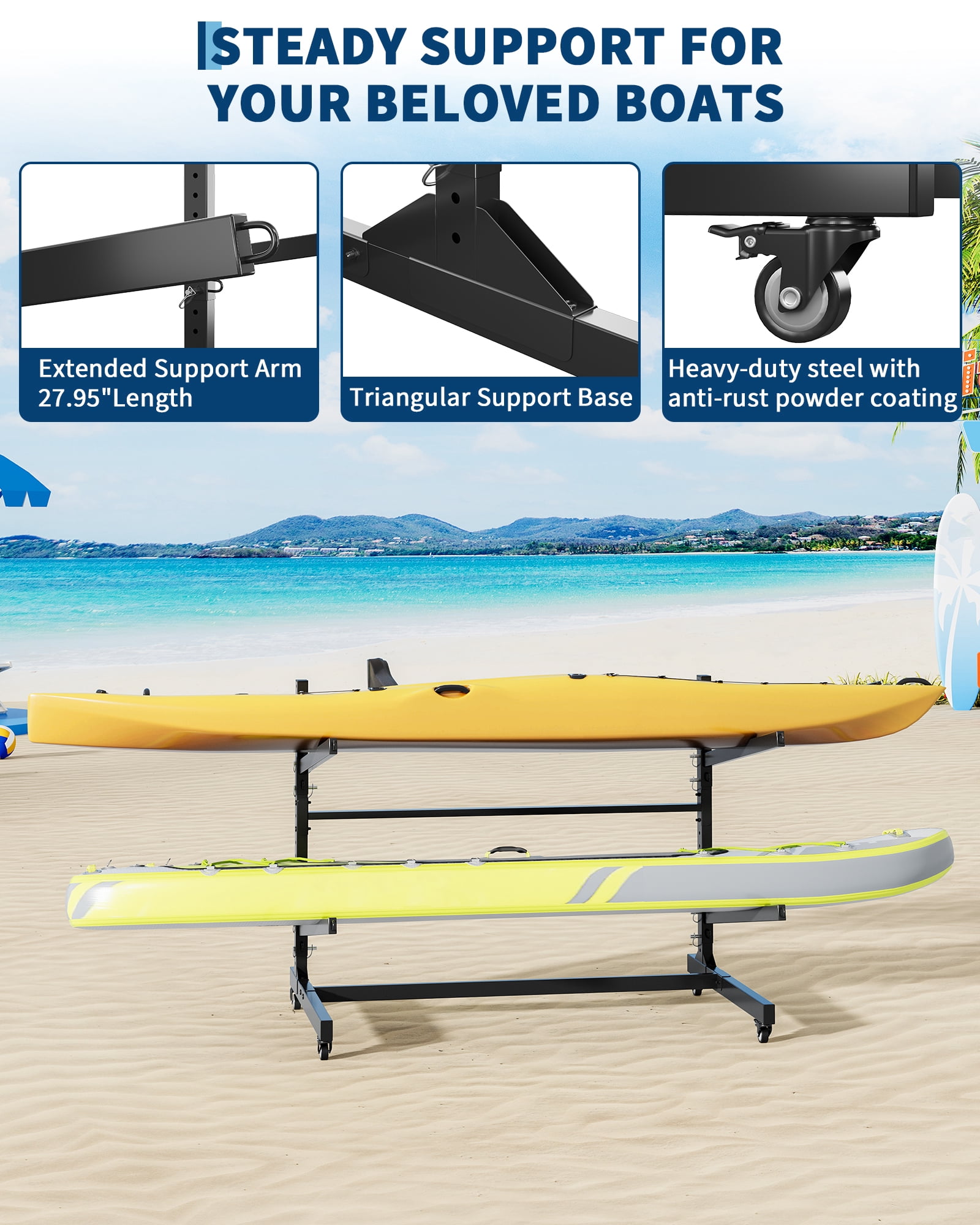 Mescukay Freestanding Kayak Storage Rack for 2 Kayaks, Outdoor Kayak Storage Racks with Wheels, Kayak Stand Heavy Duty Storage for Canoe, SUP and Surfboard