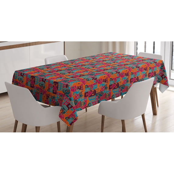 Urban Tablecloth, Pastel Toned Apartments Cartoon City Village Downtown Buildings, Rectangle Satin Table Cover Accent for Dining Room and Kitchen, 52" X 70", Vermilion Maroon, by Ambesonne