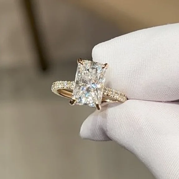 4.1 TCW Radiant Moissanite Hidden Halo Engagement Ring In 14k Yellow Gold Plated