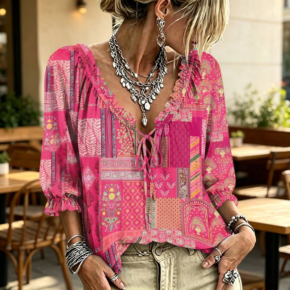 Women's Polka Dot Top V Neck Lace Casual Loose Fit Blouses Boho Fashion Ruffle Trim Casual Loose Flowy Dressy Shirts