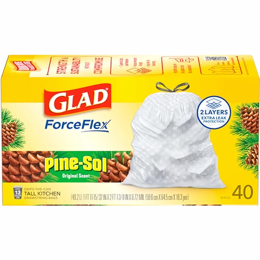Glad ForceFlex Tall Kitchen Drawstring Garbage Bags 13 Gal Pine-Sol Scent (Pack of 4)