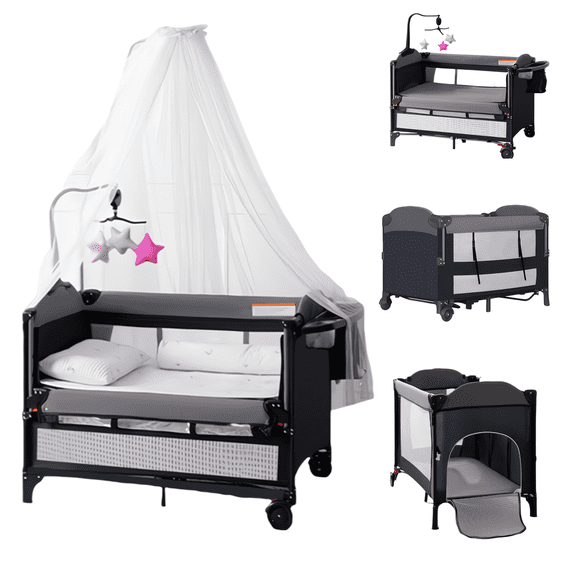 5-in-1 Baby Playard, Newborn Beside Bassinet, Multi-Function Baby Crib, Diaper Changer & Music Toy Arch for Newborn & Toddler, Unisex,Gray