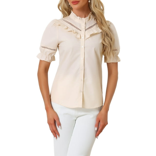Blusa de cuello alto con botones y volantes para mujer INSPIRE CHIC, de manga corta, color beige