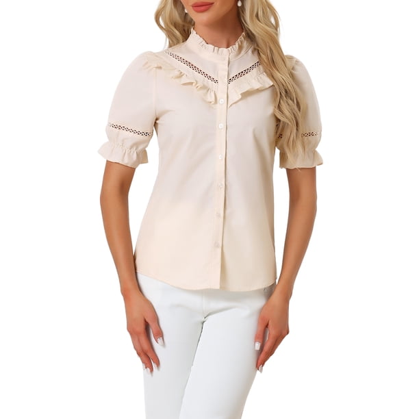 Blusa de cuello alto con botones y volantes para mujer INSPIRE CHIC, de manga corta, color beige