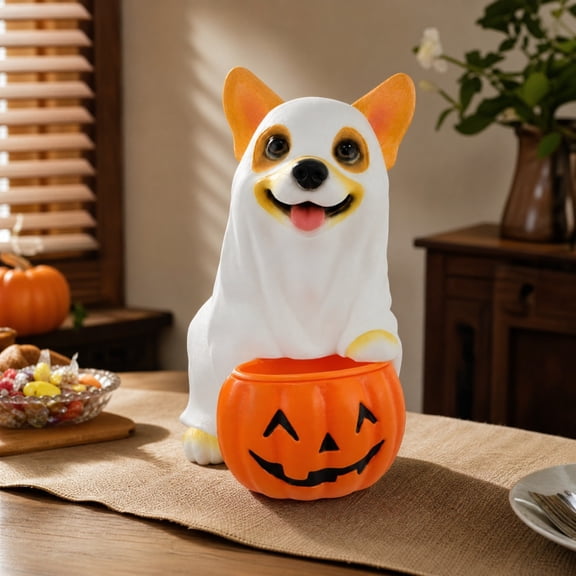 Halloween Ghost Corgi Candy Bowl, Resin Cute Ghost Puppy Statue with Pumpkin Candy Jar for Tabletop, Home, Kitchen Counter, Mantel, Shelf, Entryway and Spooky Fall Decor​