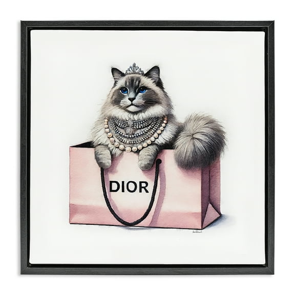 Stupell Industries Lovely Cat in Shopping Bag Animals Painting Black Floater Framed Canvas Art Print Wall Art, 18 x 18