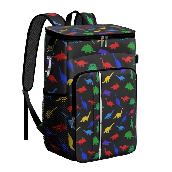 Travel Cooler Bag - Black Cartoon Dinosaurs Colorful Silhouettes Pattern Camping Beer Cooler Backpack with Bottle Opener- Waterproof Insulated Picnic Backpacks - Cooler Bag for Beach