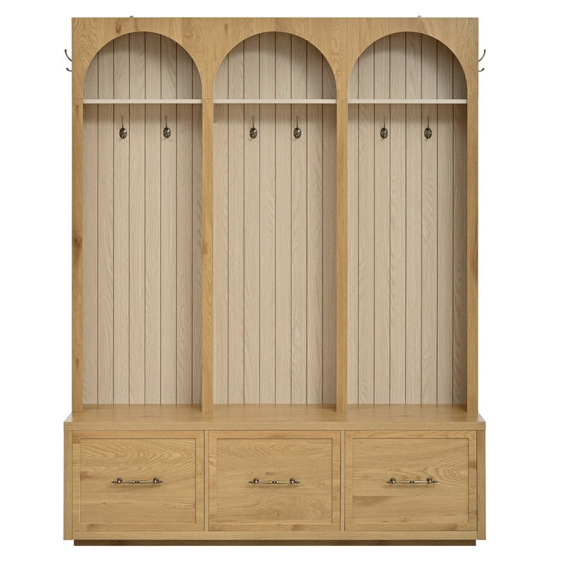 Farmhouse Arched Design Hall Tree with Retro Hooks, Entryway Seating Bench with 3 Storage Drawers, Elegant Coat Rack for Living Room