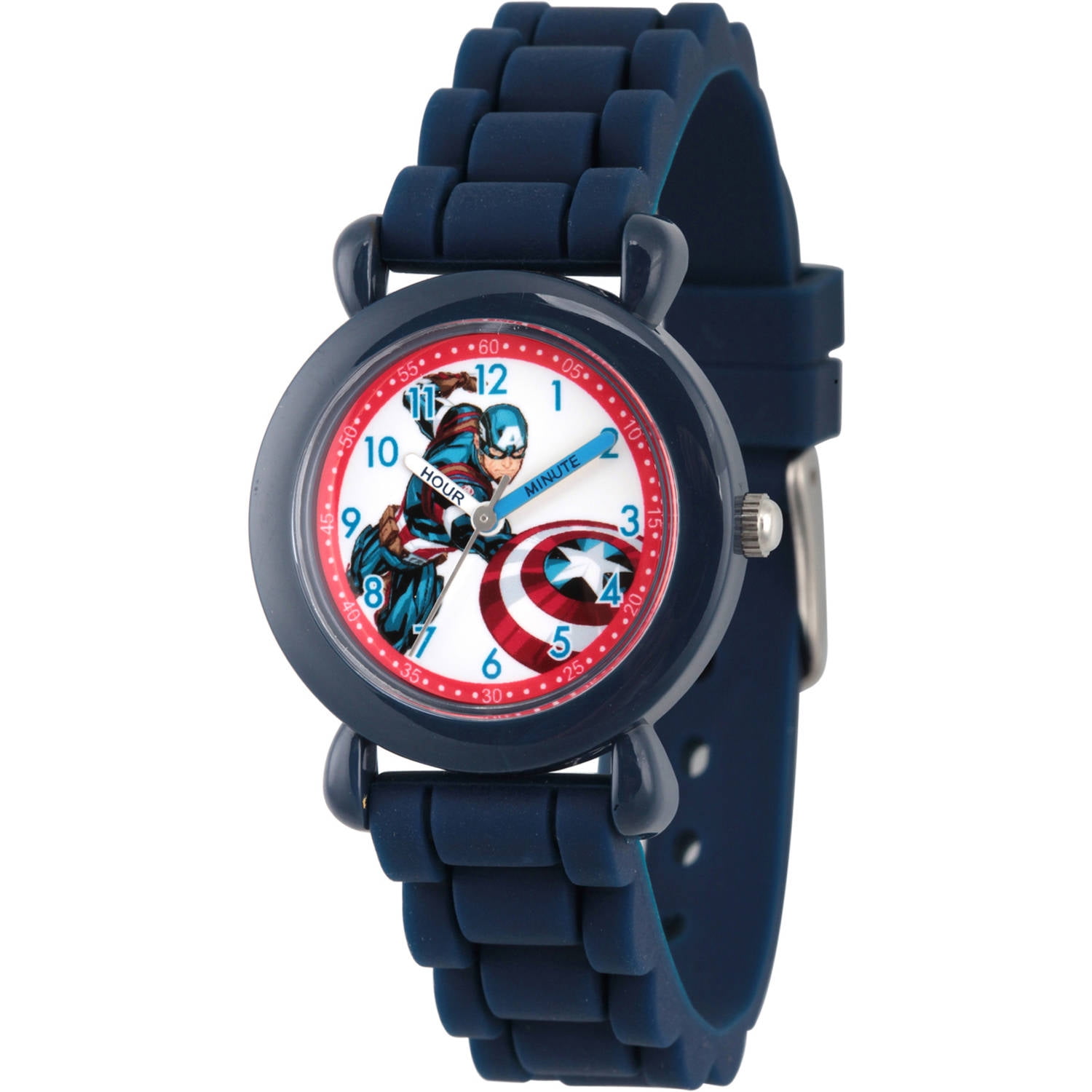 Marvel's Avengers: Captain America Boys' Blue Plastic Time Teacher Watch, Blue Silicone Strap