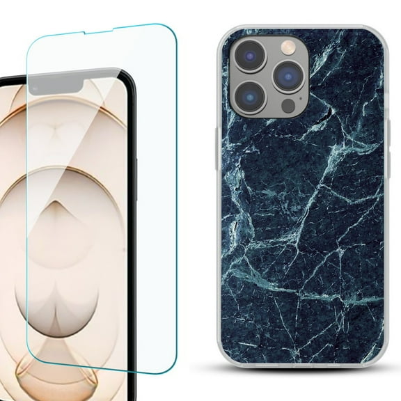 OneToughShield ® for iPhone 15 Pro Max Shockproof Fashion Phone Case, with Tempered Glass Screen Protector - Marble / Blue