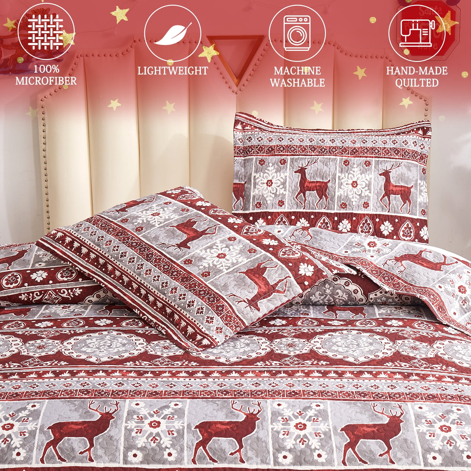 Jessy Home Christmas Quilt Set Queen/Full Size Rustic Holiday Bedding Set Red Moose Cabin Lodge Quilt Lightweight Soft Microfiber Xmas Bedspread Coverlet Christmas Gift with 2 Pillowcases