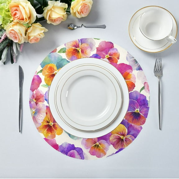 15.4" Round Placemat Set of 1 Polyester Fabric Place Mats Non-Slip Dining Kitchen Table Mats for Kitchen Party Decor Pansy Pattern