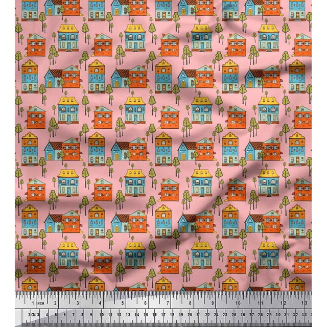 Soimoi Pink Heavy Satin Fabric Tree & House Architectural Print Fabric by the Yard 54 Inch Wide