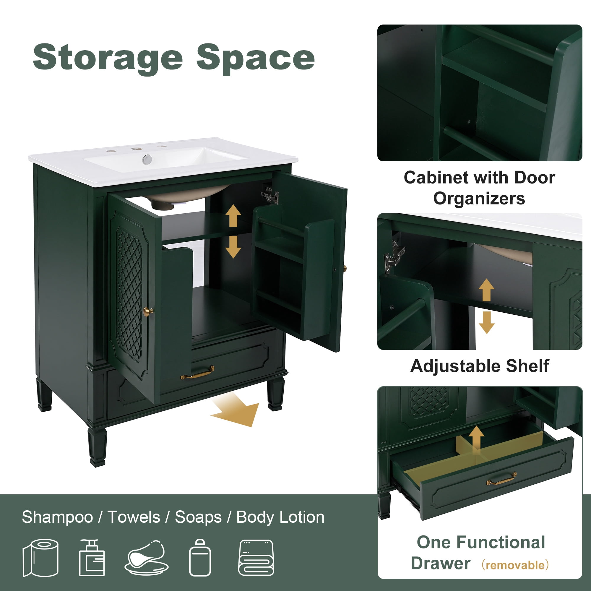 Euroco 30" Bathroom Vanity with Sink Vintage Style, Multi-functional Storage Space, Door Shelf, Soft-closing Door, Green (same sku: N759P218644F)