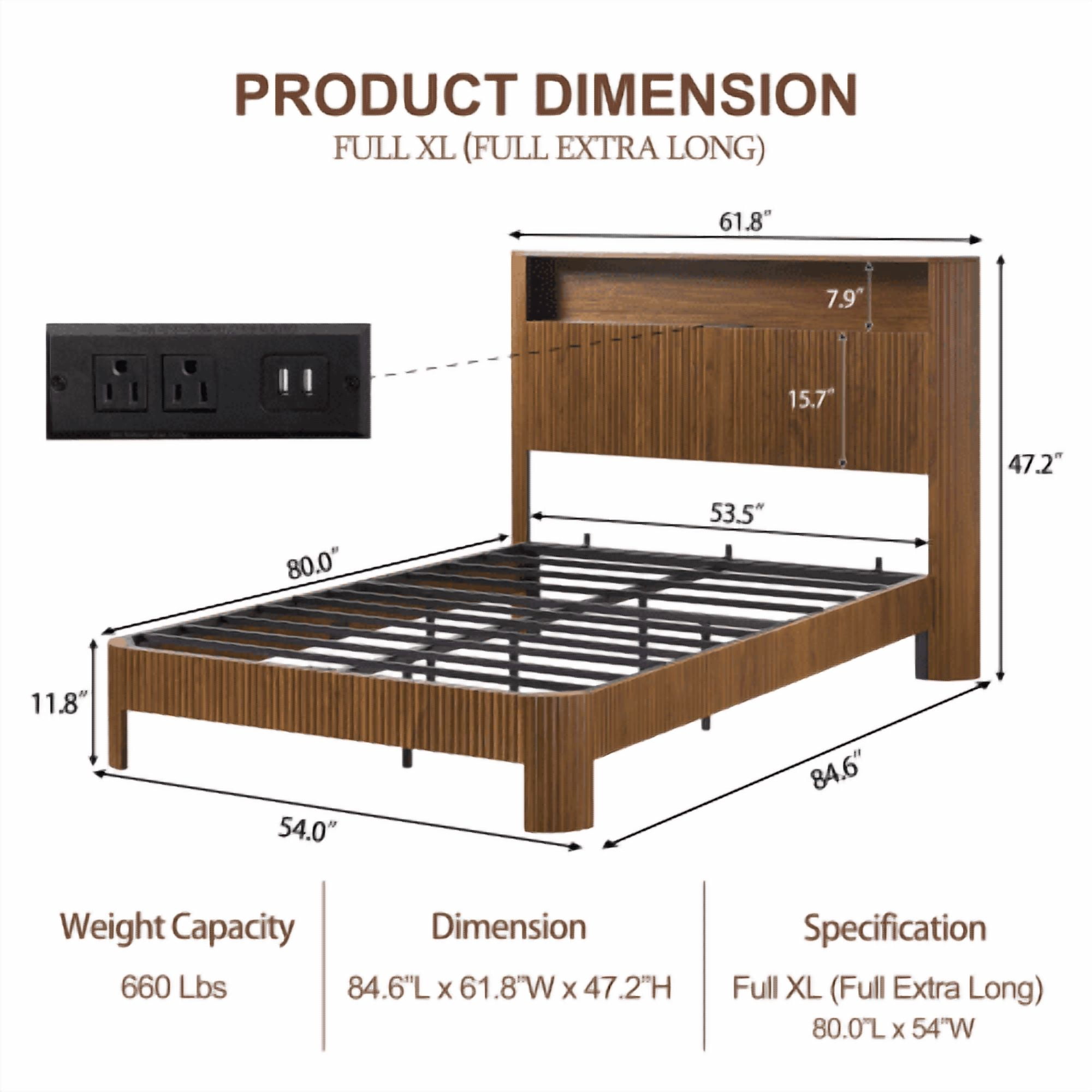 Full XL Bed Frame with Storage Headboard & Built-in Charging Station - Modern Wavy Design, Silent Metal Support, Walnut Finish, Farmhouse Bed