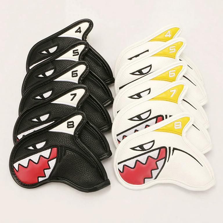 LeKY 9Pcs Lightweight Waterproof Faux Leather Golf Club Covers Shark Shape  Golf Iron Head Covers Golf Accessories White