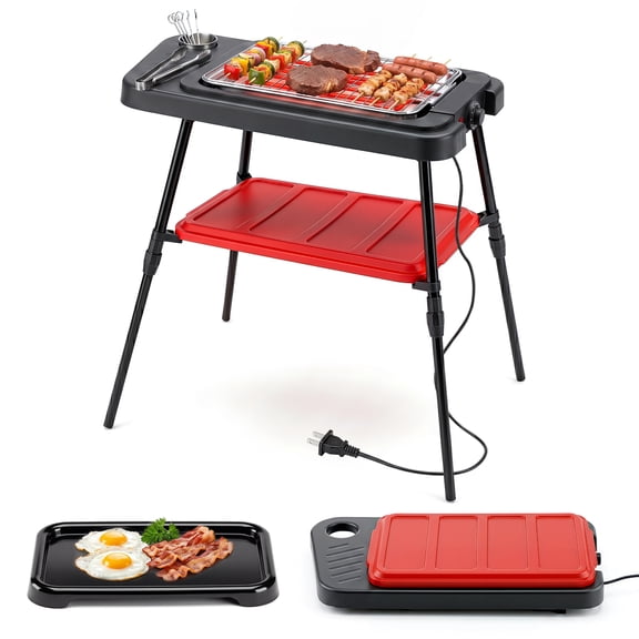 Gymax 1500W Electric Grill 2-in-1 Indoor Outdoor BBQ Grill w/ Detachable Stand Black & Red
