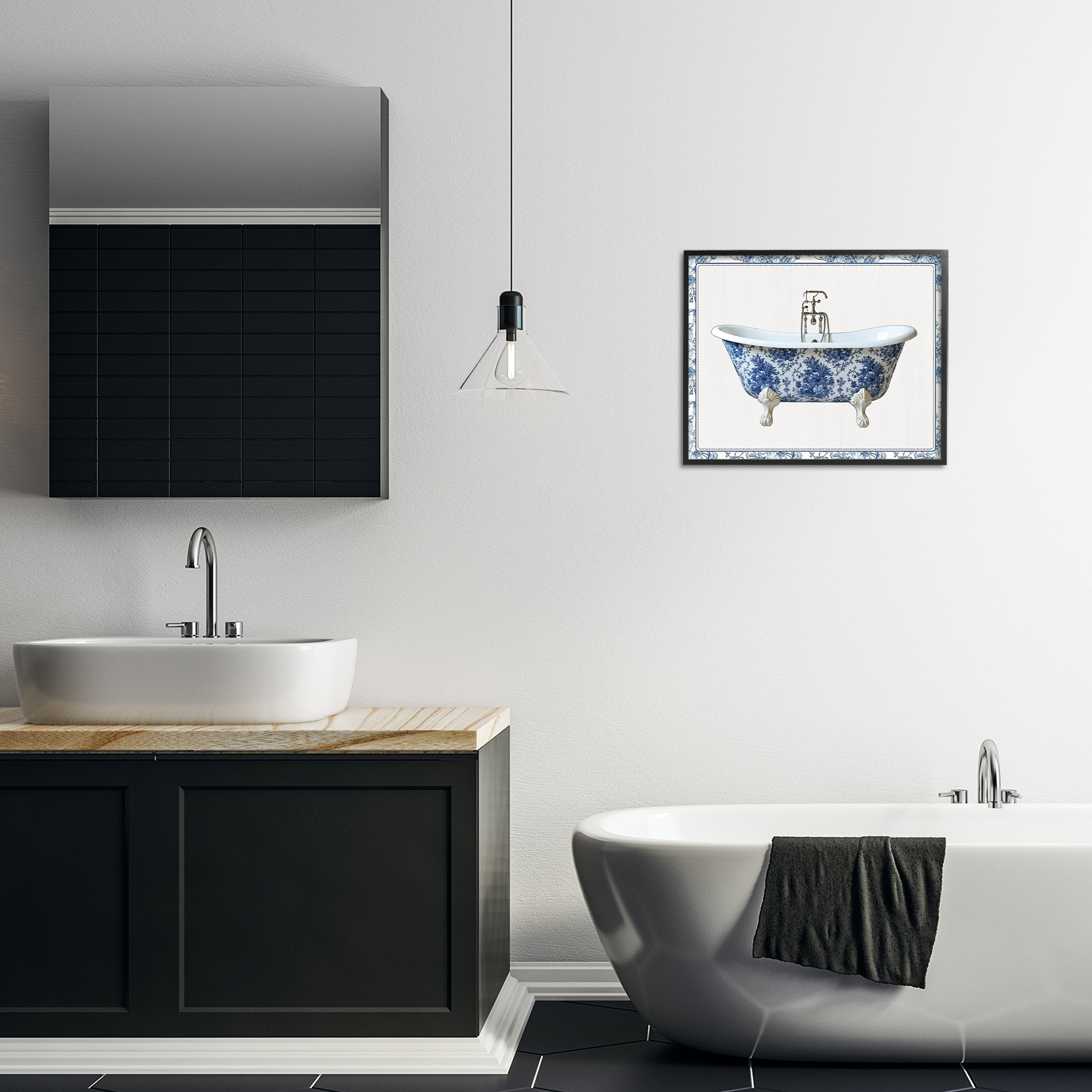 Vintage Chinoiserie Bathtub Black Framed Giclee Art, design by Lettered and Lined