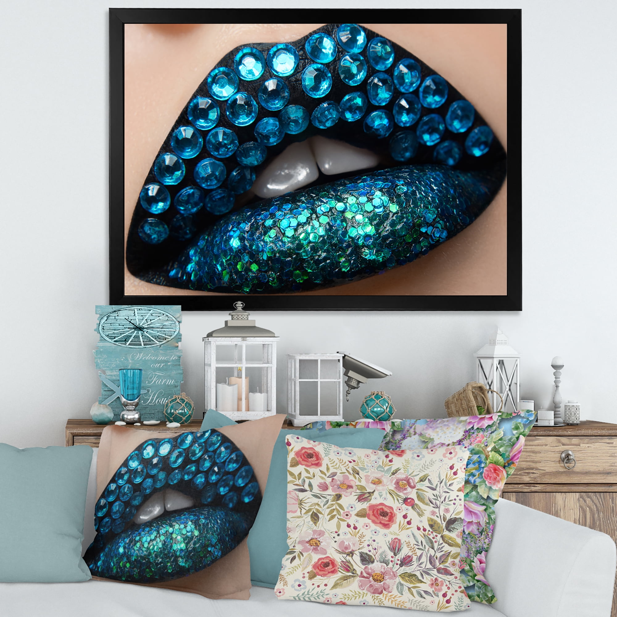 Designart 'Woman Lips With Black Lipstick Blue Diamonds' Modern Framed Art Print
