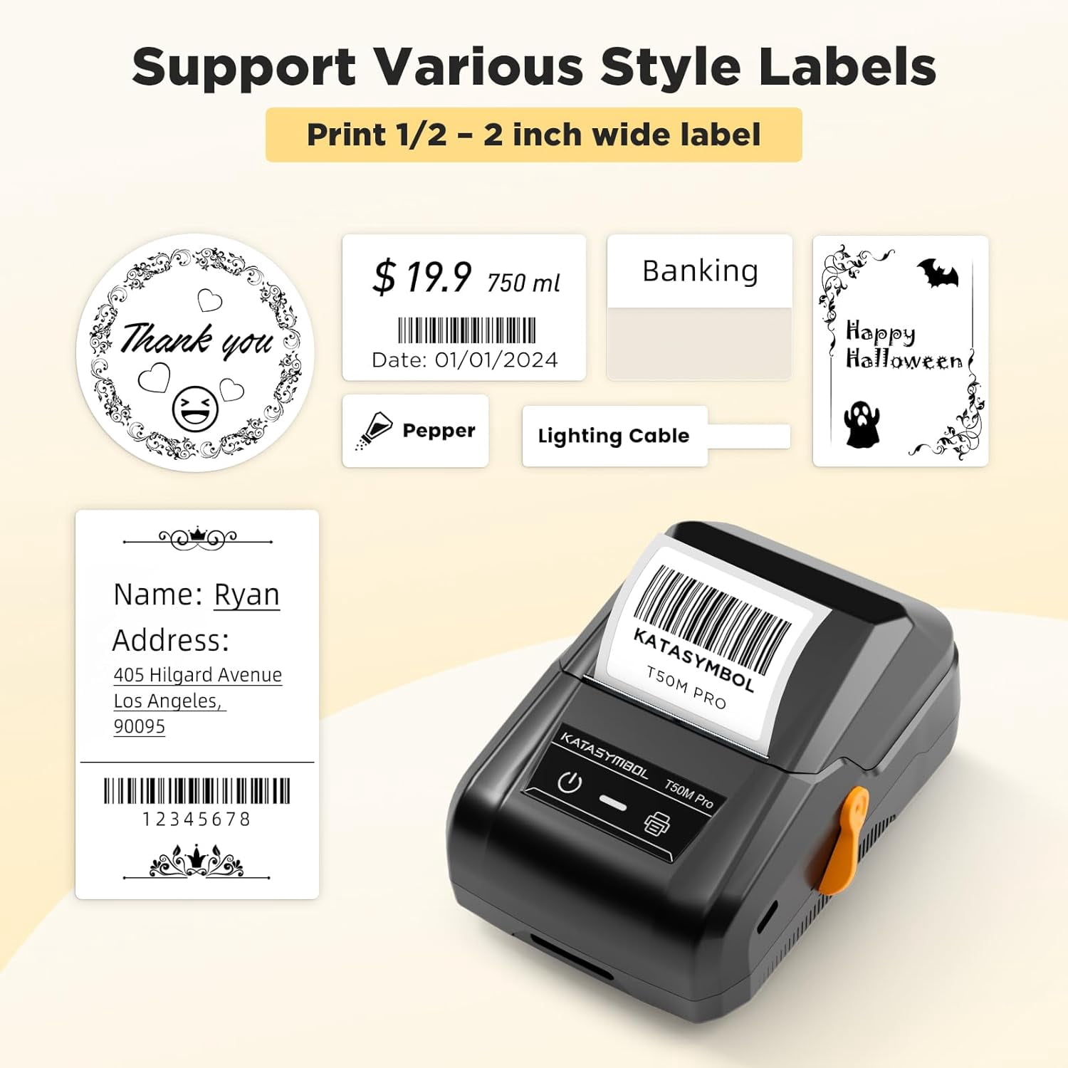 T50M Pro Bluetooth Label Maker Machine with 3 Tapes, Wide Waterproof Label, Versatile App with 40 Fonts and 450+ Icons, Inkless Labeler for Home, Kitchen, School, Black (Machine + 3 Tapes)