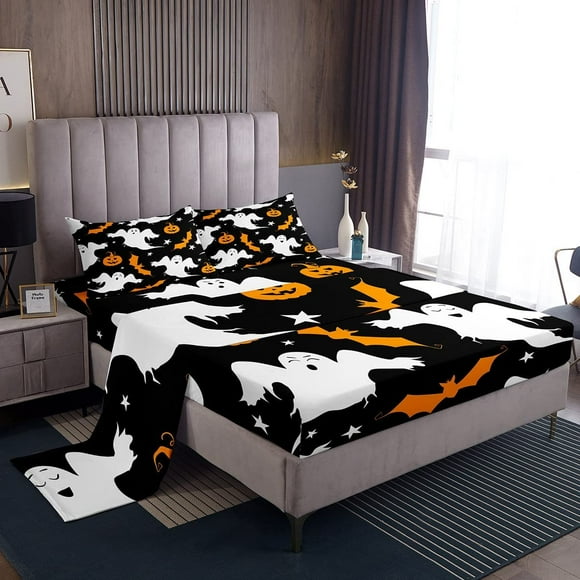 shiyou-Halloween Bed Sheets Set Kids Cartoon Ghost Pumpkin Lantern Sheet Set Kids Trick or Treat Decor Sheets with Deep Pocket Fitted Sheet Microfiber Bat Galaxy Night Bedding Set Bedroom Queen Size
