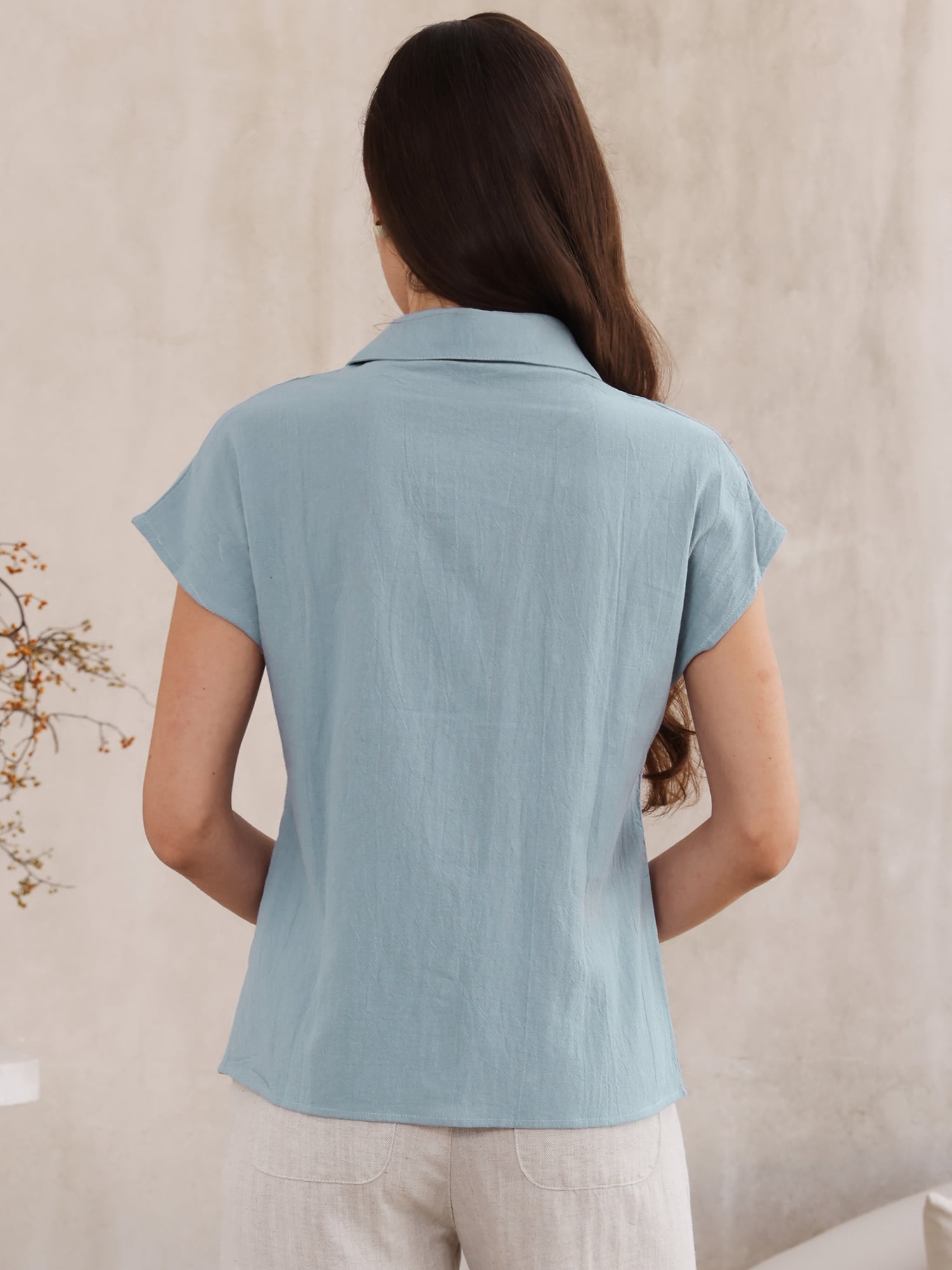 DARING DIVA Women's Linen Button Down Short Sleeve V Neck Tops 2XL Light Blue