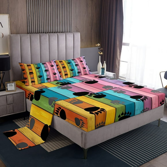 Erosebridal Black Grey Bear Paws Sheet Set Twin, Rainbow Old Barn Door Bedding Sets Twin Size, Ultra Soft 3pcs