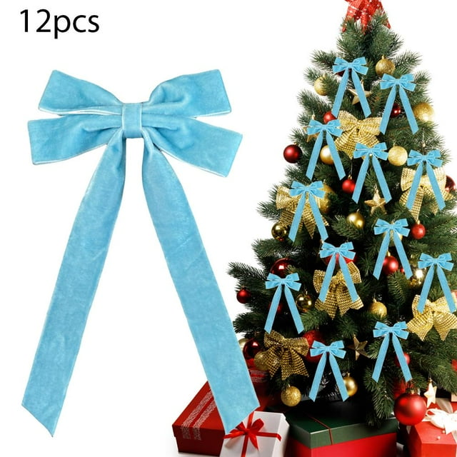 12Pcs Red Velvet Ribbon Bows Christmas Tree Decorations, Christmas Velvet Rustic Crafts Gift Ribbon Bows for Indoor Outdoor Front Door Decor