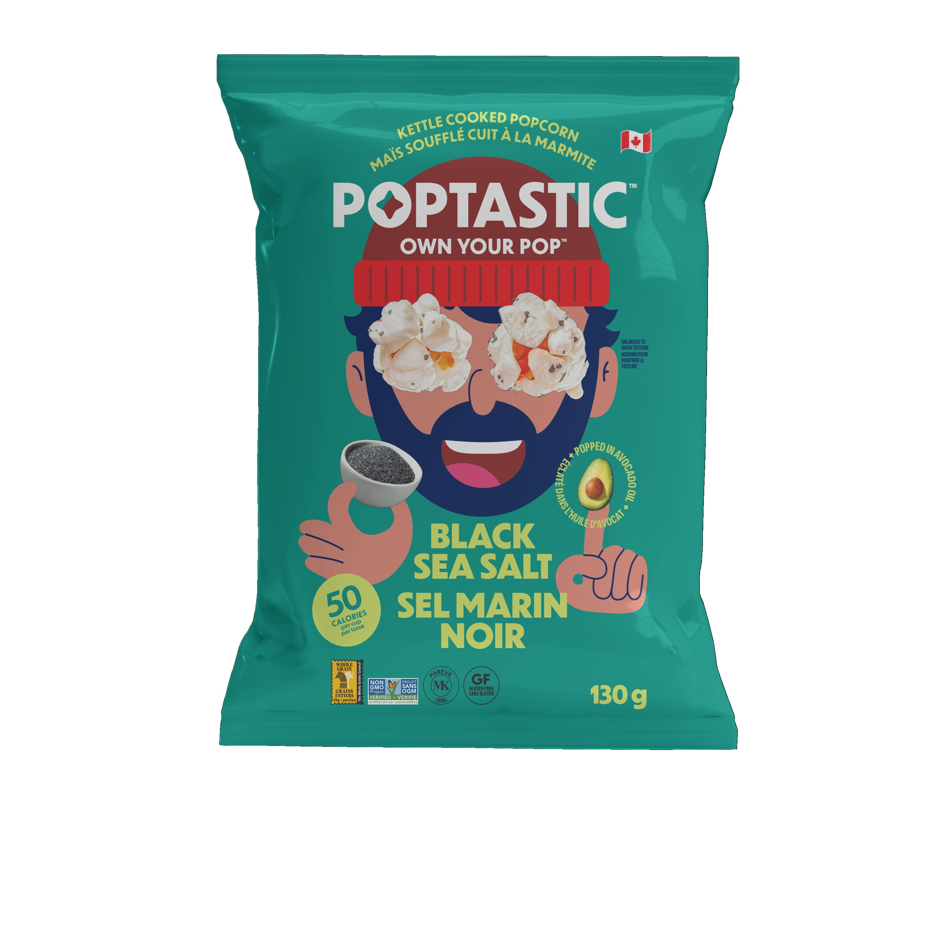 Poptastic Black Sea Salt Popcorn 130g, Kettle Cooked Popcorn