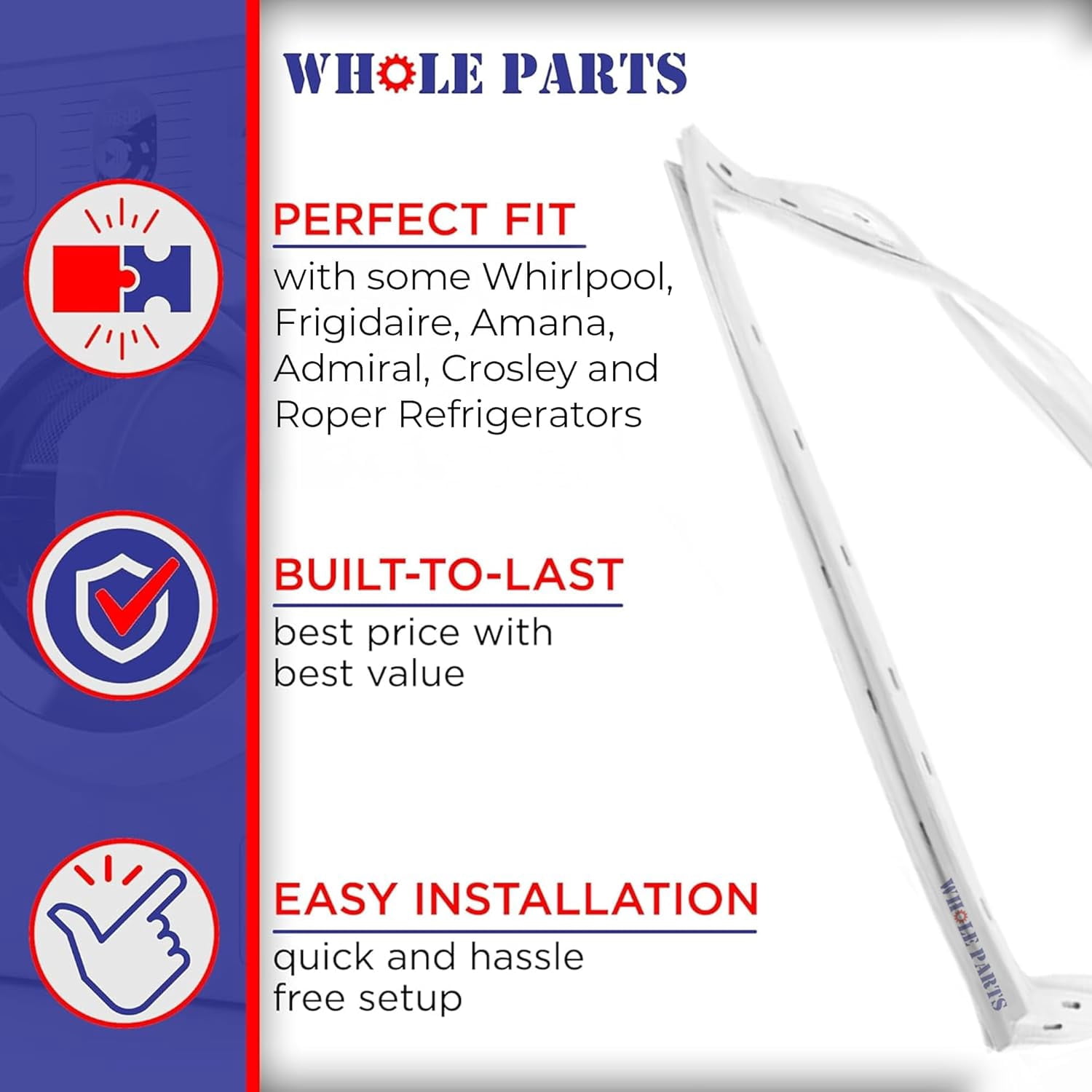 Whole Parts Upright Freezer Door Seal (Magnetic Strip Inside, White), Part# WP4357099 - Replacement & Compatible with Some Whirlpool, Frigidaire, Amana, Admiral, Crosley and Roper Refrigerators.
