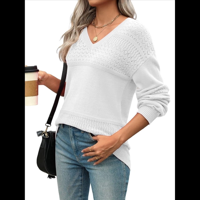 Suéter Informal de Larga con Cuello en V, Tejido Acanalado y Crochet Ligero para Mujer (Otoño 2025) XXL