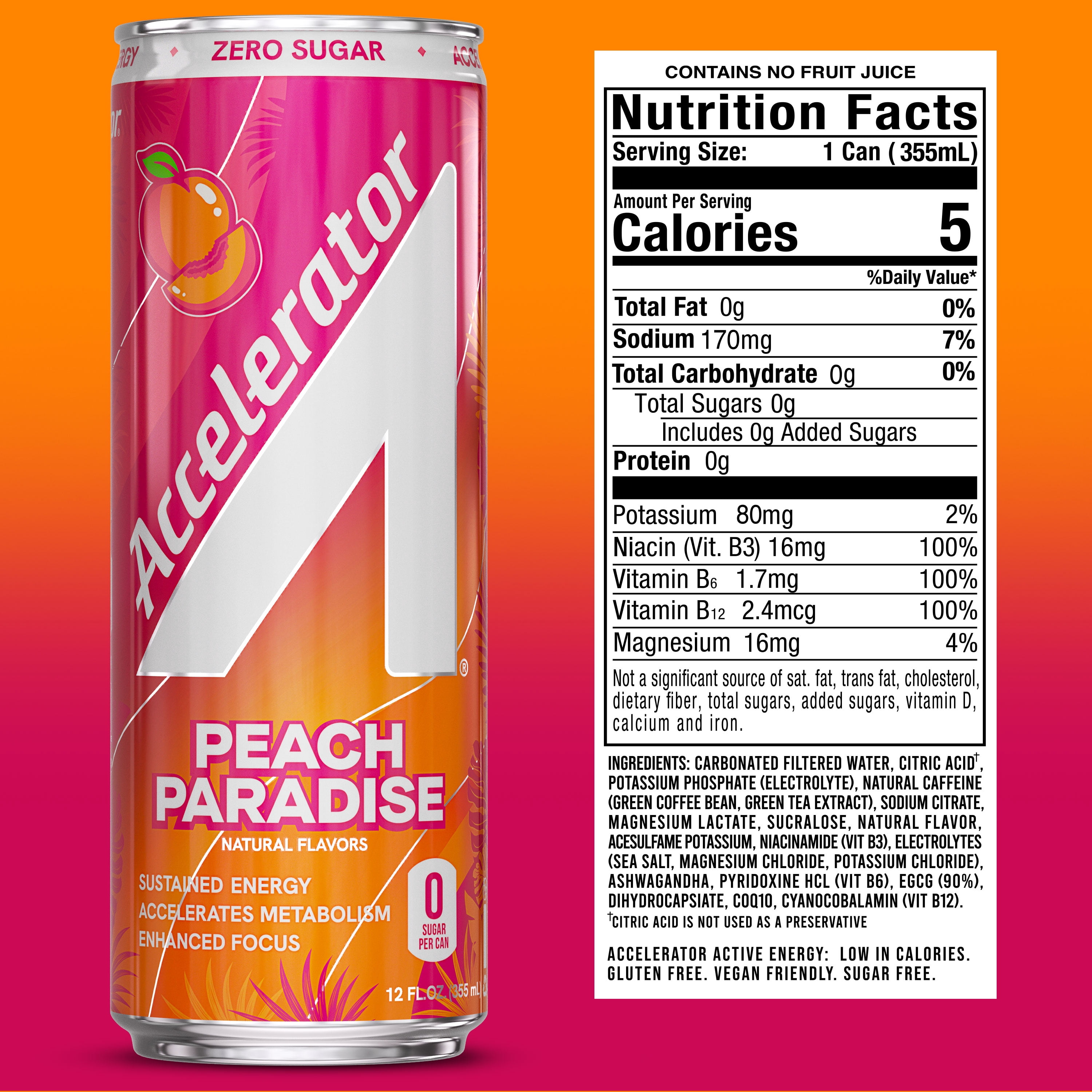 Accelerator Energy Drink, Peach Paradise 12 fl oz can (12 pack), Zero Sugar, Sustained Energy from 100% Natural Caffeine (200mg from Green Coffee Bean & Green Tea extract)