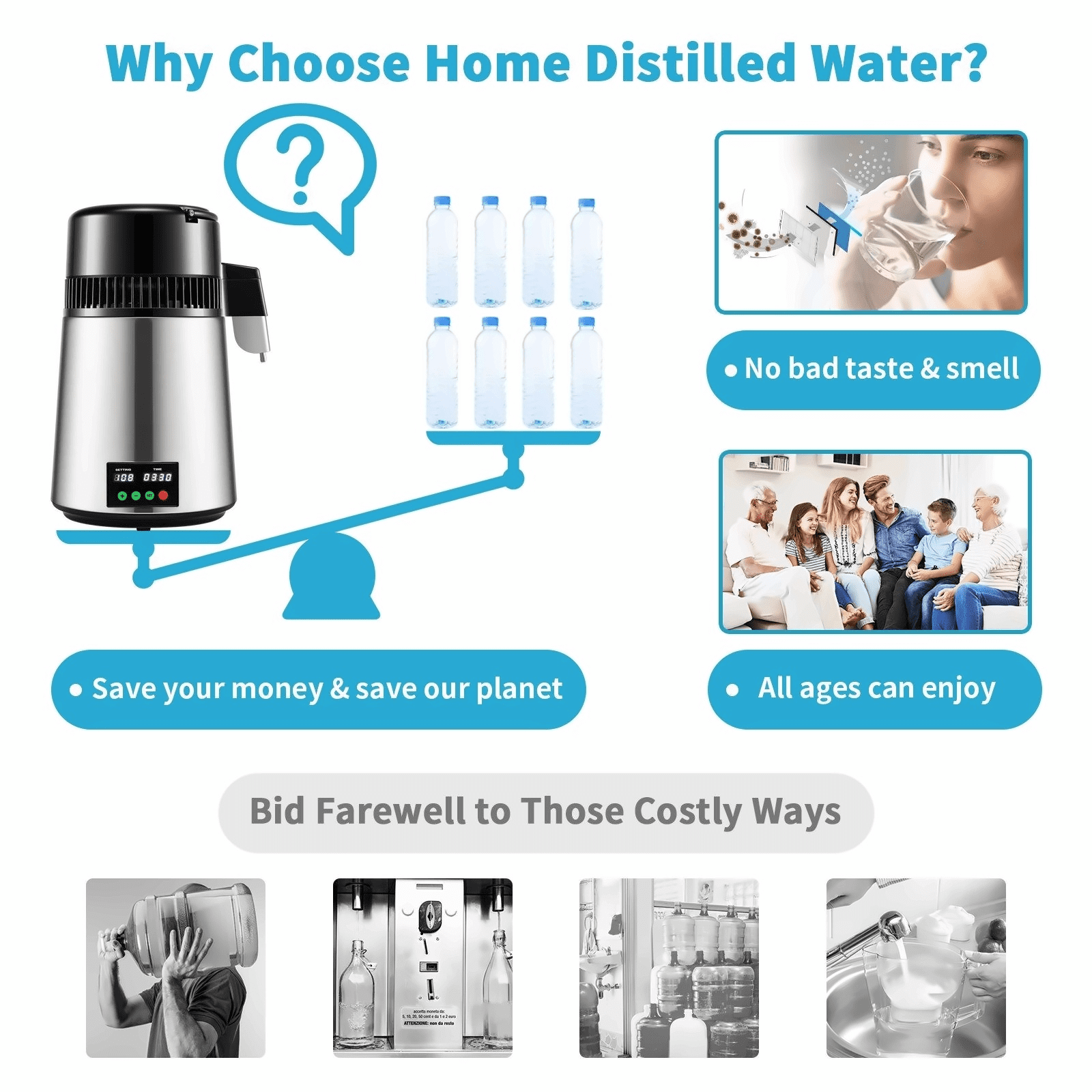 1.1 Gal Water Distiller, 750W Stainless Steel Distilled Water Machine, 0.3 Gal/H, Timing & Temp Control, Glass Carafe, for Home & Office