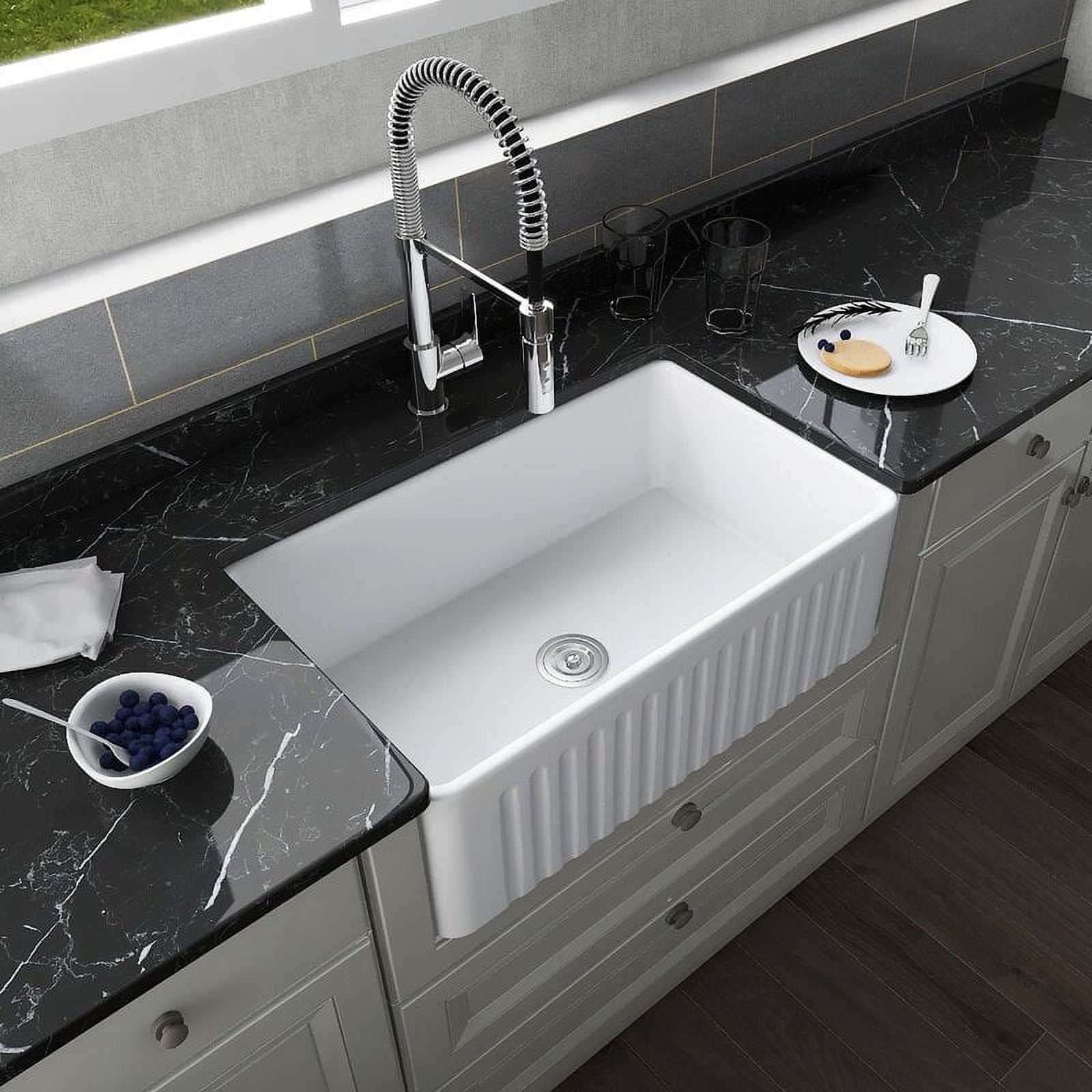 DeerValley DV-1K026 Ceramic Farmhouse Kitchen Sink with Grid and Strainer,30" L x 18" W x 10" H