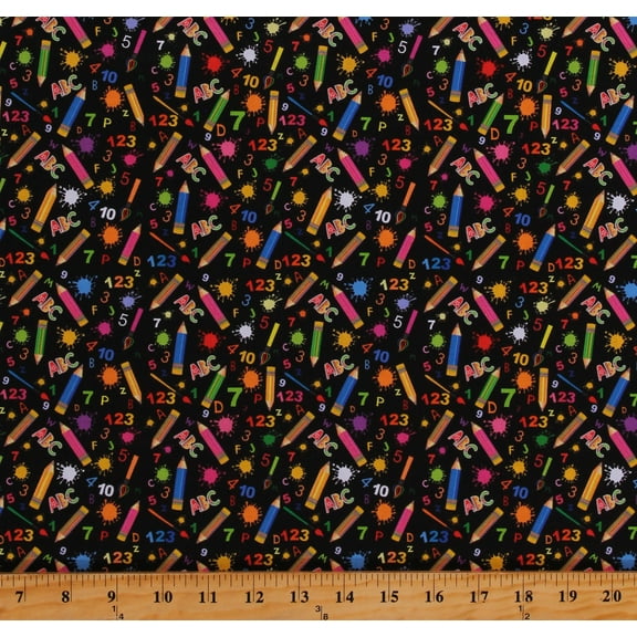 Cotton Back to School Blackboard Pencils Pens Rulers Academic Black Cotton Fabric Print by the Yard (116646)
