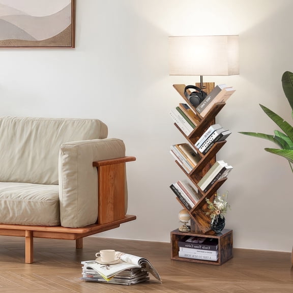 OUTONLIFE Tree Bookcase with Light, 7-Tier Floor Standing Bookshelf with Drawer for Living Room Bedroom, Office