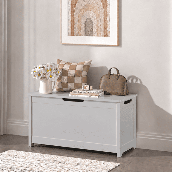 Kids Toy Box, Gray Wooden Toy Chest Organizer with Safety Hinged Lid, Entryway Storage Bench Supports 100 lbs, Toy Storage Chest for Bedroom, Toddler Room, L0293