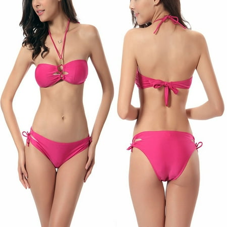 ZQGJB Bikini Sets for Women Sexy Strappy Halter Bikini Set Women Swimwear Women s 2 Piece Bandeau Swimsuits(Hot Pink L)