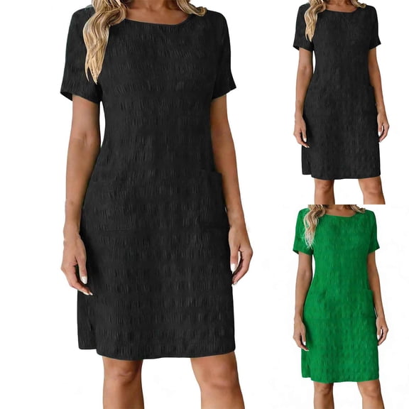Ashirexll Flowy Dresses for Women, Womens Summer Dresses, Elegant Short Sleeve Round Neck Pocket Color Block Dress