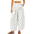thumbnail image 2 of Zjunqe Women Polka Dot Summer Boho Cotton Linen Pants Wide Leg Barrel Pants Beach High Elastic Waist Casual Long Palazzo Trousers with Pockets Loose Fit Casual Summer Beach Vacation Pants White S, 2 of 6