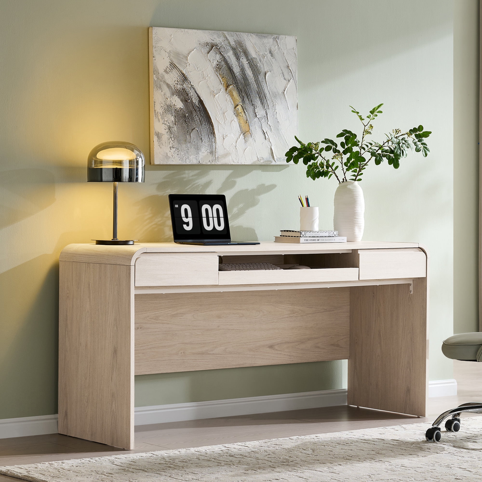 wow97e Modern Computer Desk with Storage Drawers, 57'' Large Executive Office Desk with Charging Station & Keyboard Tray for Home Office