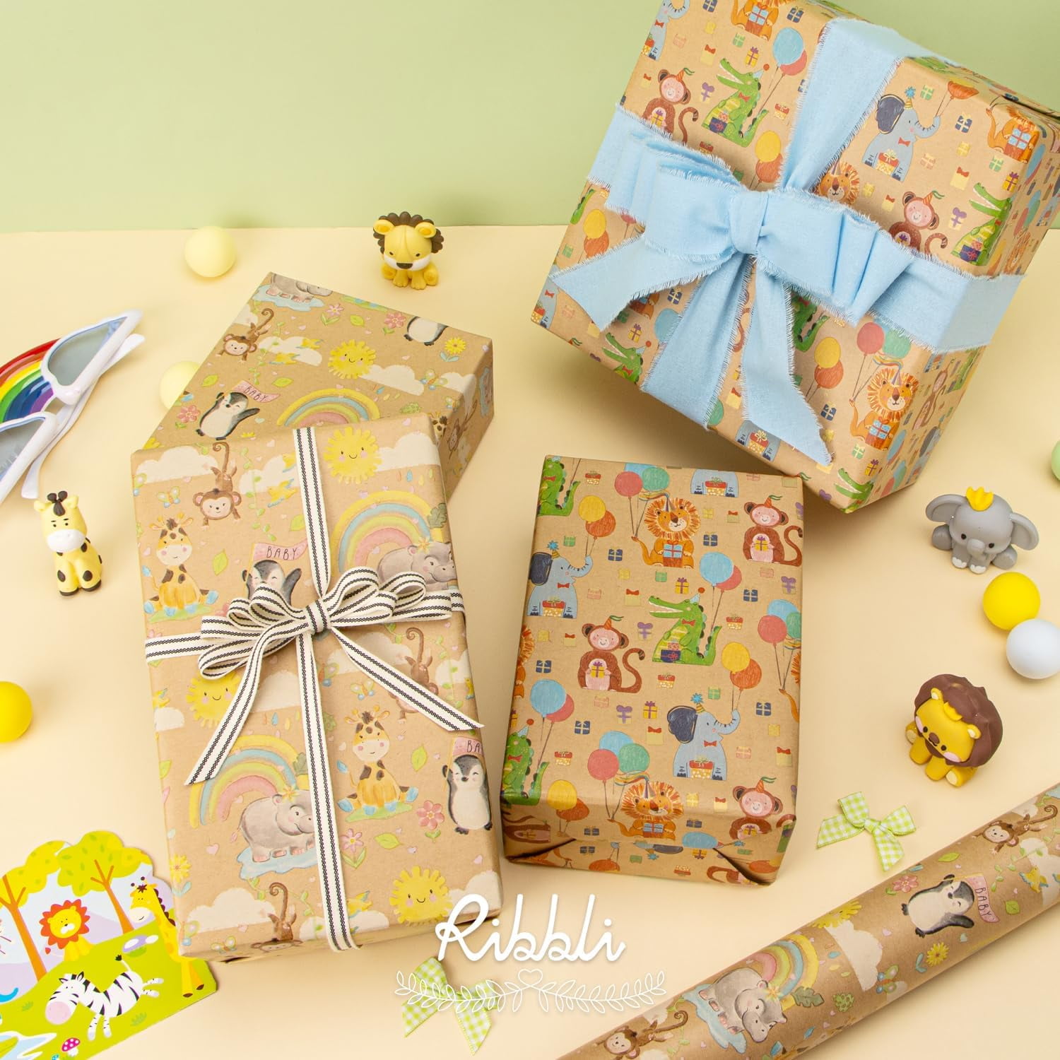 Birthday Wrapping Paper Animal and Balloon Vintage Style Kraft Mini Roll Paper Perfect for Baby Shower Boys Girls Kids Birthday - 17Inch x 394Inch(33Feet)