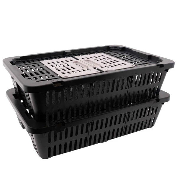 Transport Coop for Quail & Pigeons, Plastic Poultry Carrier Crate, Black, Ventilated Locking Lid, Stackable Lightweight Bird Transport Box