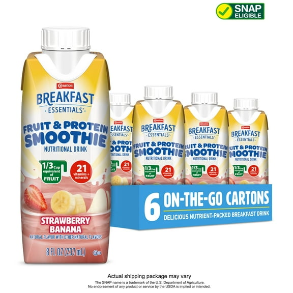 Carnation Breakfast Essentials Fruit & Protein Smoothie Nutritional Drink Shakes, Strawberry Banana Breakfast Shake, 8 fl oz, 6 Pack