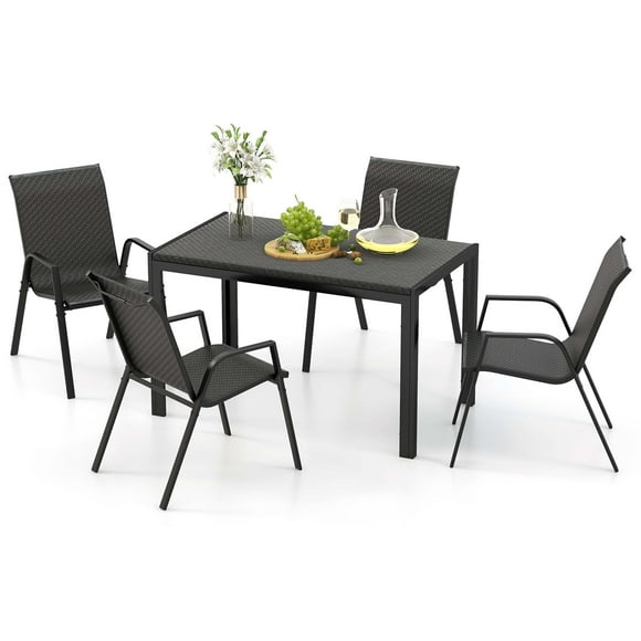 Costway 5 Piece Patio Rattan Dining Set Outdoor Table & Chairs Set for 4 Woven Wicker