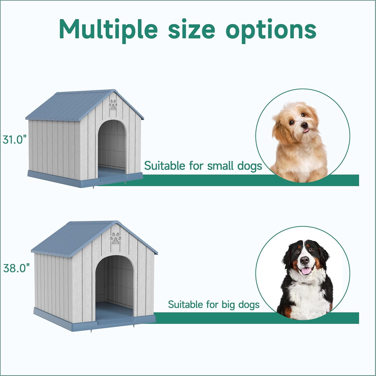 Indoor Outdoor Waterproof Dog House, PP Material, Puppy Shelter with Air Vents and Elevated Floor, Sturdy Dog Kennel for Small to Large Sized Dogs, Easy to Assemble (Blue, 38.62×36.26×38.07 Inches)​