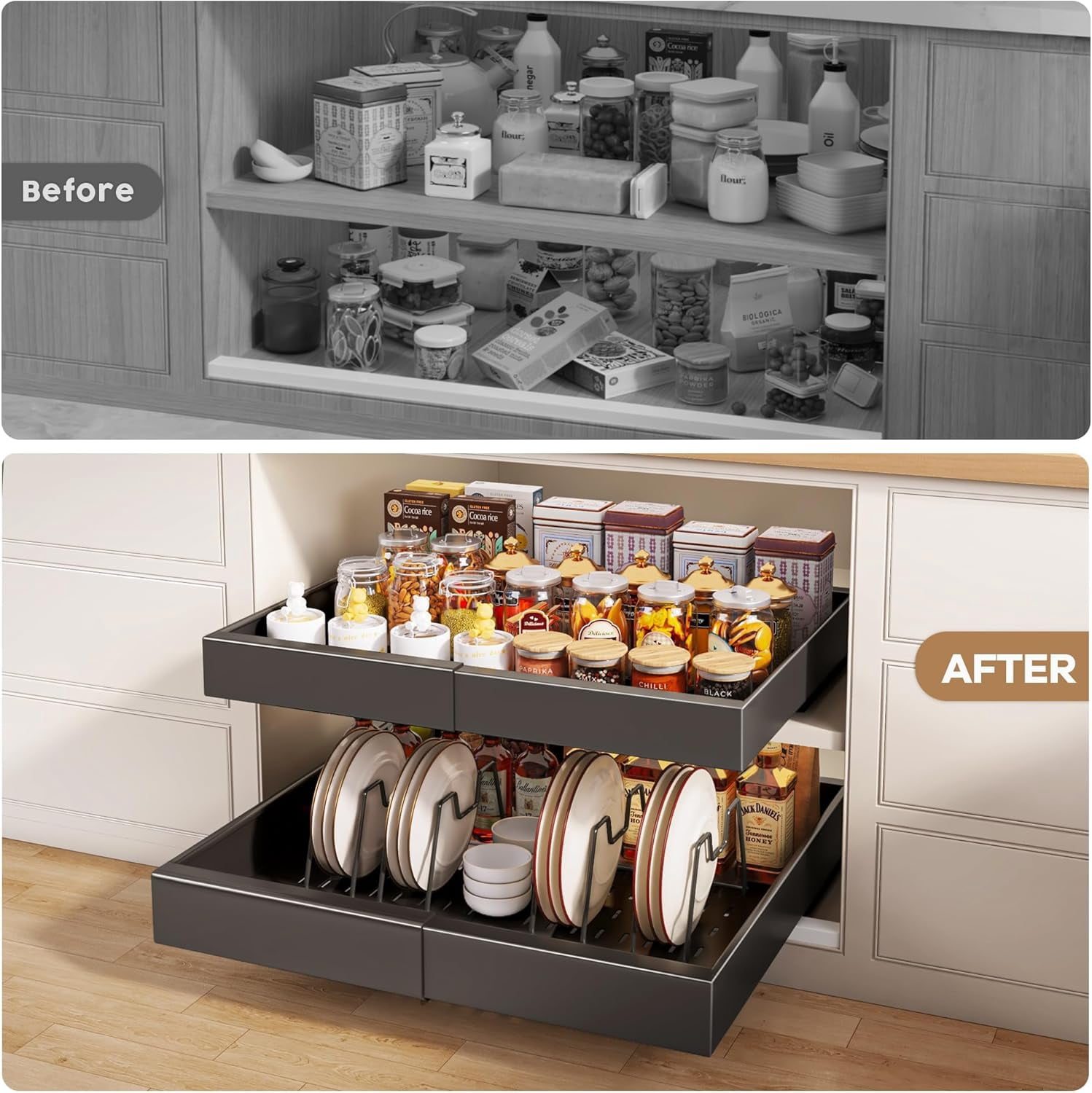 2 Pack Pull out Cabinet Organizer 21"Deep With Raising Pad for Framed Cabinets, Expandable Slide out Drawers for Kitchen Cabinets with 4pcs Divider Racks, Roll out Shelves 12.1"-20.4" W Black
