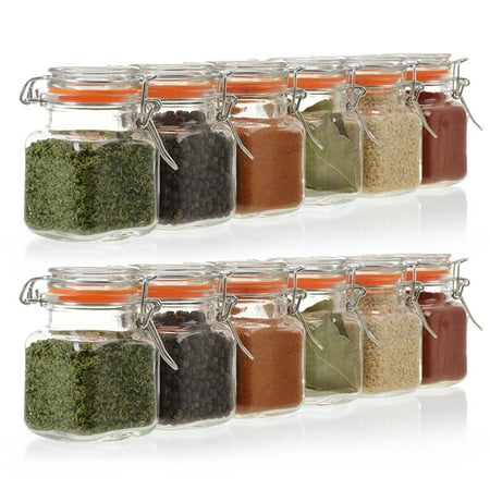 24 Pack - 3.4 Ounce Mini Square Glass Spice Jar with Orange Flip-Top Gasket, Airtight Clear Storage Jars, by California Home