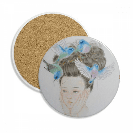 

Pretty Girl Blue Bird Chinese Painting Coaster Cup Mug Tabletop Protection Absorbent Stone